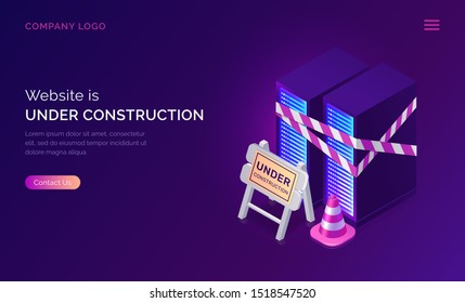 Website Under Construction, Maintenance Work Or Error Page Isometric Concept Vector Illustration. Server Racks With Warning Signal Tape, Traffic Cone And Road Traffic Sign, Purple Ultraviolet Banner