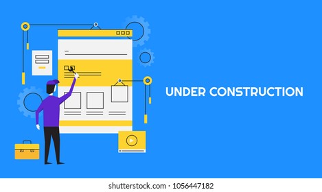 Website Under Construction - Man Working - Maintenance - Redesign Flat Line Vector Banner Isolated On Blue Background