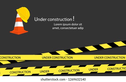 Website under construction page. Under construction website page with black and yellow striped borders vector illustration. Border stripe web, warning banner