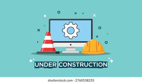 A website under construction page featuring a computer monitor displaying a gear icon, a traffic cone, and a hard hat, symbolizing ongoing maintenance and development.