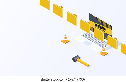 Website under construction page flat isometric isolated on white background vector design