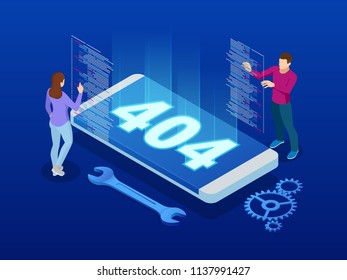 Website under construction page. Isometric error 404 page layout vector design. Website 404 page creative concept. The page you requested could not be found.