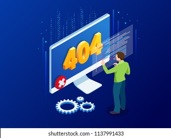 Website under construction page. Isometric error 404 page layout vector design. Website 404 page creative concept. The page you requested could not be found.