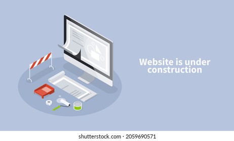 Website under construction page isometric banner vector illustration. Internet hosting error message with computer monitor. Webpage network connection trouble. Web reconstruction or disconnect