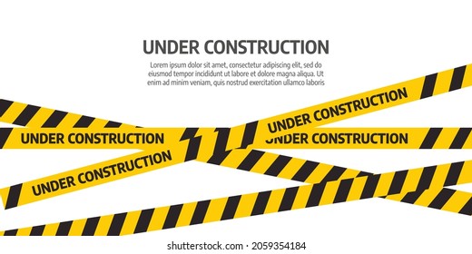 Website under construction page. Warning tape banner