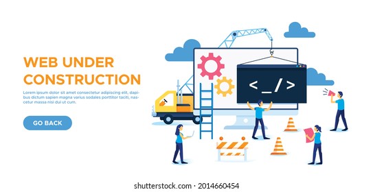 Website under construction page. Web Page Under Construction. Website under maintenance page. Web Page Under maintenance. Flat isometric vector illustration banner design isolated on white background.