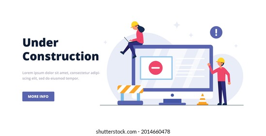 Website under construction page. Web Page Under Construction. Website under maintenance page. Web Page Under maintenance. Flat isometric vector illustration banner design isolated on white background.