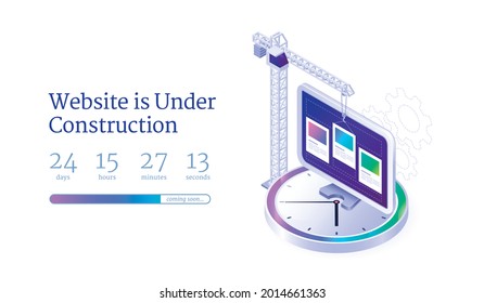 Website under construction page. Web Page Under Construction. Website under maintenance page. Web Page Under maintenance. Flat isometric vector illustration banner design. Remaining time. Countdown.