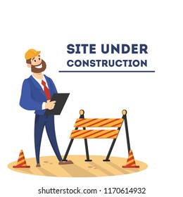Website under construction page. Work in progress. Man repare home page in the internet. Isolated vector illustration in cartoon style.