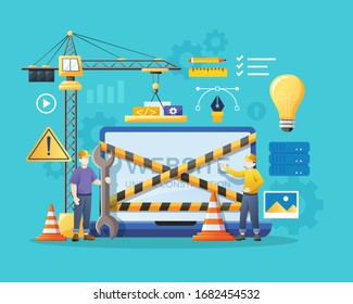 Website under construction page. Work in progress, Maintenance page or 404 error vector illustration. Young team of web developers build a site on a giant laptop with crane. Vector in flat style