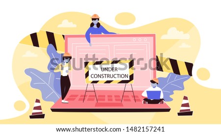 Website under construction page. Work in progress. Small people repare home page in the internet. Vector illustration in cartoon style