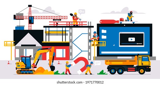 The website is under construction. Service page warning that will be coming soon. Construction site with machinery, builders, tools, unfinished house. Isolated vector illustration on background