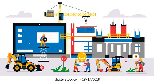 The website is under construction. Service page warning that will be coming soon. Construction site with machinery, builders, tools, unfinished house. Isolated vector illustration on background.