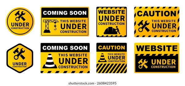Website Under Construction Signs Set. Caution and Coming Soon Labels. Vector Construction Badges