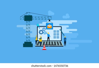 Website is under construction with Tiny People Character Concept Vector Illustration, Suitable For web landing page,Wallpaper, Background,banner,Book Illustration