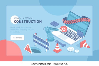 Website Under Construction. Updates changes and fixing on the site. Maintenance page or 404 error. Isometric vector illustration for banner, website.	
