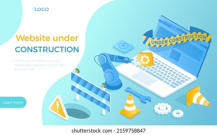 Website Under Construction. Updates changes and fixing on the site. Maintenance page or 404 error. Isometric vector illustration for website.