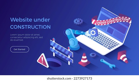 Website Under Construction. Updates changes and fixing on the site. Maintenance page or 404 error. Isometric landing page. Vector web banner.	
