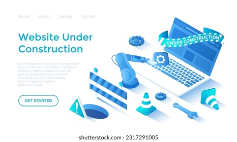 Website Under Construction. Updates changes and fixing on the site. Maintenance page or 404 error. Landing page template for web on white background.	
