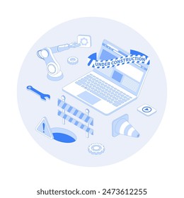 Website Under Construction. Updates changes and fixing on the site. Maintenance page or 404 error. Vector outline illustration with isometry scene for web graphic	