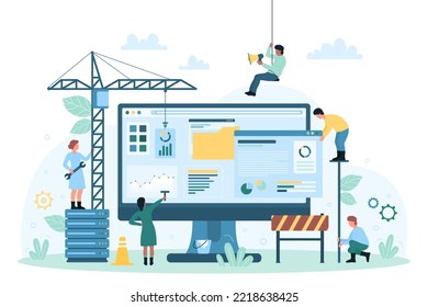 Website under construction vector illustration. Cartoon tiny people build and update structure of site with construction crane, builders work and create content with digital editor and equipment