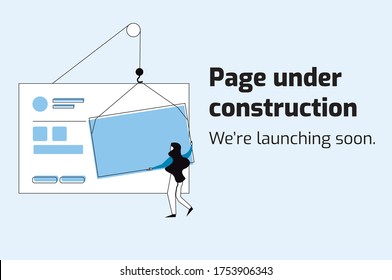 Website under construction, we're launching soon. Flat style vector illustration.Blue tones, person placing a photograph. For website, home page, template, ui, web, mobile app, poster, banner, flyer.