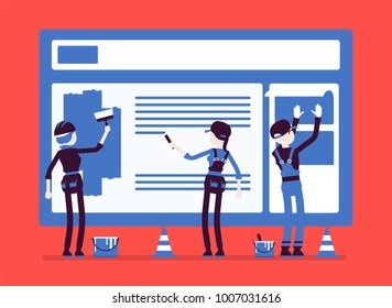 Website under construction. Workers in uniform recovering web site with error message connection, file is not found information. Vector illustration with faceless characters