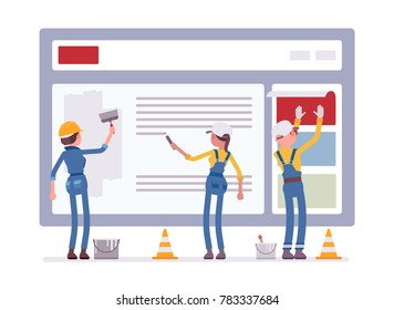 Website under construction. Workers in uniform recovering web site with error message connection, file is not found information. Vector flat style cartoon illustration isolated on white background