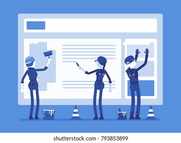 Website under construction. Workers in uniform recovering web site with error message connection, file is not found information. Vector illustration with faceless characters