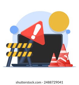 Sitio web bajo concepto de mantenimiento. Portátil con herramientas de reparación y señal de advertencia. Sistema De Software En Mantenimiento. Errores de Sitio web, desarrollo de páginas de Web y Actualizar de aplicaciones.