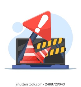 Website Under Maintenance Concept. Laptop with Repair Tools and Warning Sign. Software System Under Maintenance. Website Errors, Web Page Development and Application Updates.