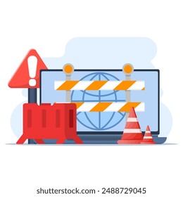 Website Under Maintenance Concept. Laptop with Repair Tools and Warning Sign. Software System Under Maintenance. Website Errors, Web Page Development and Application Updates.