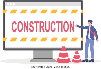 Website Under Maintenance Concept. Laptop with Repair Tools and Warning Sign. Software System Under Maintenance.

