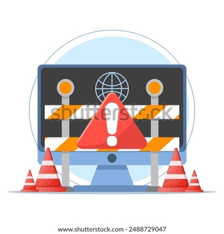 Website Under Maintenance Concept. Laptop with Repair Tools and Warning Sign. Software System Under Maintenance. Website Errors, Web Page Development and Application Updates.