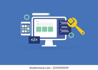 Website em manutenção, Correção de erro de Website, Desenvolvimento de App, Codificação, Correção de erro, Correção de bug - ilustração vetorial com ícones