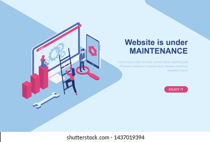 Website under maintenance page. Website error page. Flat isometric design vector illustration