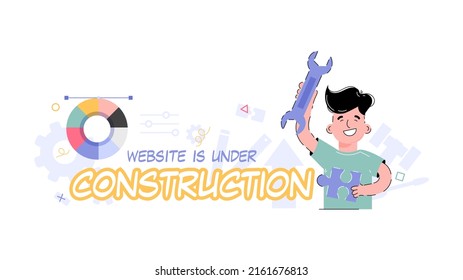 Website under reconstruction. The boy is holding a wrench in her hands. Modern flat colorful vector illustration for website.