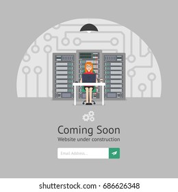 Website is under reconstruction. Girl system administrator. Website Template. Coming Soon. Vector illustration in modern flat style.