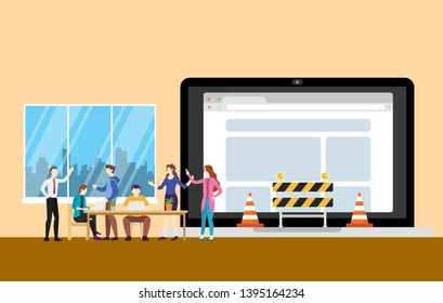 website underconstruction concept with team people working on programming and construction symbol - vector illustration