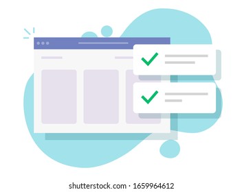 Website update check notification messages and checkmarks notice or web site page and completed test checklist with ticks vector flat cartoon, illustrated internet browser with done list modern design