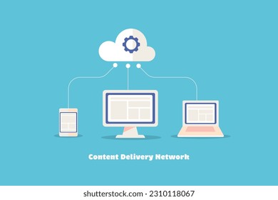 Website using content delivery network. Website hosting service with CDN technology, Cloud computing - vector illustration with icons