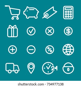 Website vector icons. Symbol of buy, delivery, select and sale in ecommerce. Flat cartoon illustration. Objects isolated on white background.