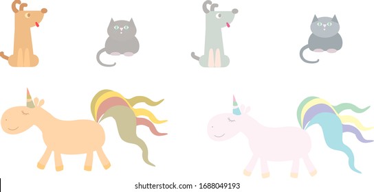 Website vector images of animals cat dog unicorn in different color variations