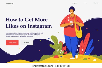 Website vector modern illustrationconcept. Woman holding smartphone. How to get more likes. Social media. Network life.