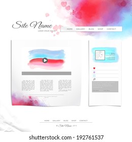 Website vector template. Hand drawing watercolor, splashes and brush strokes. Realistic shadows. Elements of web design