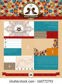 Website vector template. Multicolored geometric ornament, elements of infographics and web design. Emblem with two horses and ribbon for your text. 