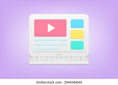 Sitio web con contenido de video icono 3d. Portátil moderno para ver y crear blogs y películas de entretenimiento. Beneficio de la publicidad y la calificación social de los usuarios. Vector aislado realista
