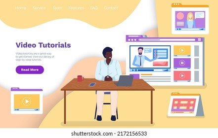Website with video tutorials for e-learning. Man studying online using internet technology. Various educational programs for students. Distance education, online learning via Internet concept