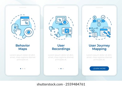 Website visitor tracking blue onboarding mobile app screen. Walkthrough 3 steps editable graphic instructions with linear concepts. UI, UX, GUI template