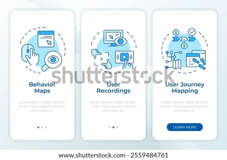 Website visitor tracking blue onboarding mobile app screen. Walkthrough 3 steps editable graphic instructions with linear concepts. UI, UX, GUI template